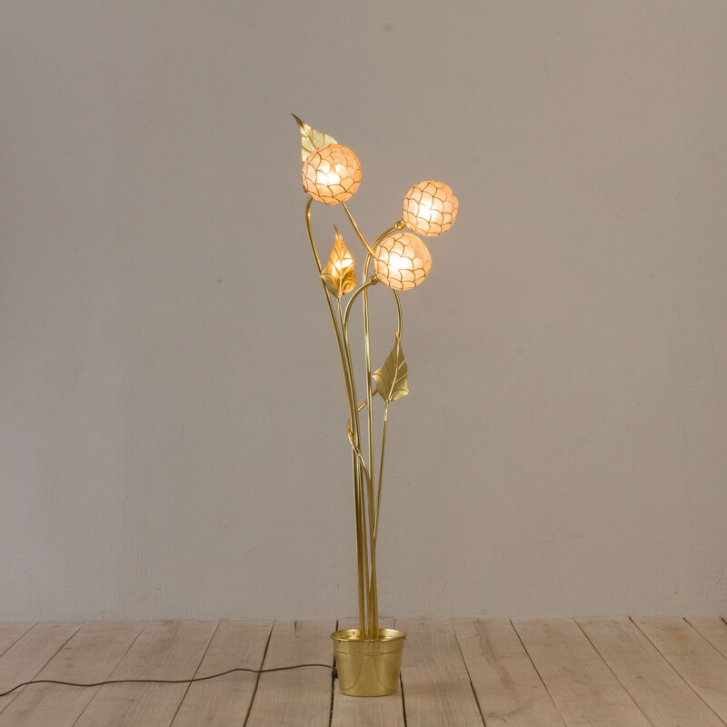 Vintage Brass floor lamp in the style of Tommaso Barbi with floral ornaments Italian