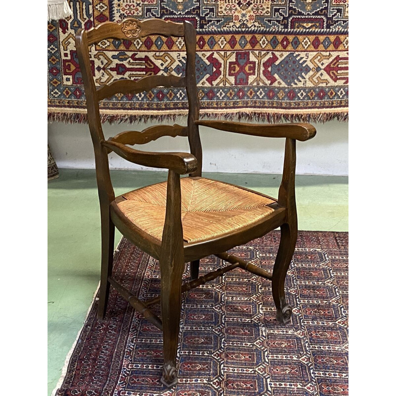 Vintage beechwood armchair with straw seat 1950