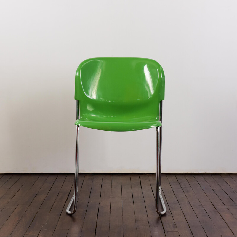 Set of 6 vintage stackable Drabert chairs in green plastic