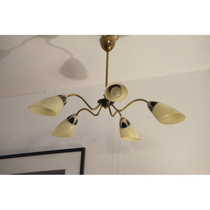 Lampe Vintage 5 Lumières, suspension au plafond en laiton plaqué avec abat-jour en verre des années 50