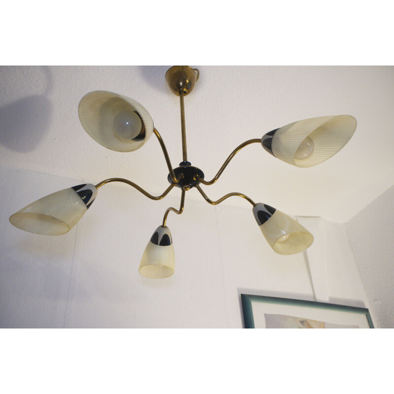 5 Lights Vintage Lamp, Ceiling Hanging Lamp Brass Plated With Glass Shades From 1950s
