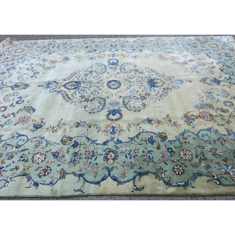 Large Mid-Century Pistachio Coloured Aubusson Kashan Carpet 1960