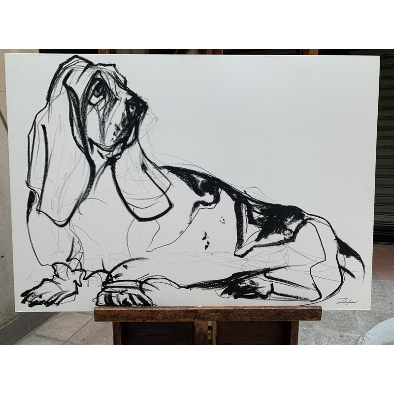 Basset hound with vintage grease pencil by Sonia Lalic, 2018