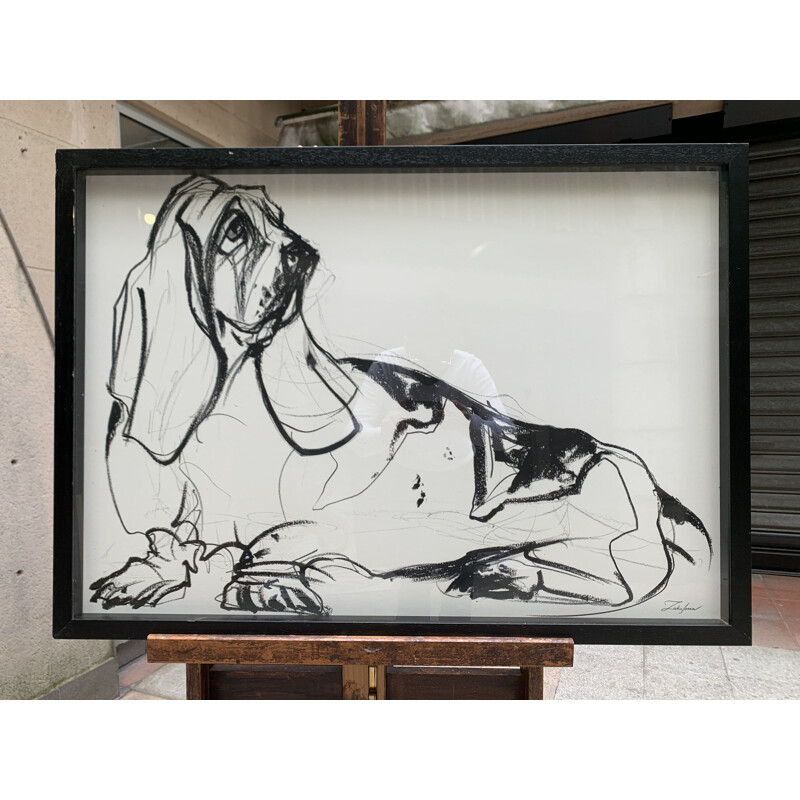 Basset hound con lápiz de grasa vintage de Sonia Lalic, 2018