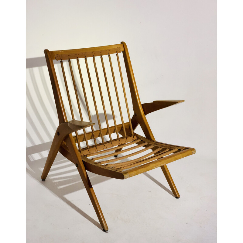 Vintage armchair in blond teak Scandinavian