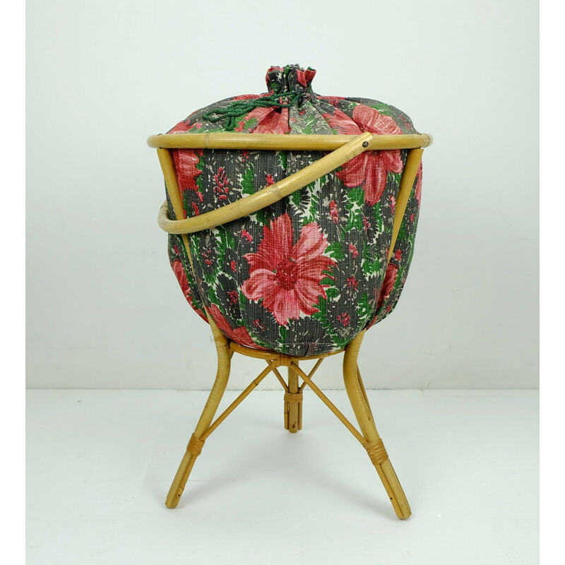 Mid century bamboo rattan and flower fabric SEWING BOX or knitting basket on 3 legs 1950s