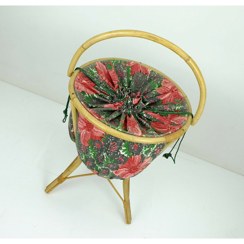 Mid century bamboo rattan and flower fabric SEWING BOX or knitting basket on 3 legs 1950s