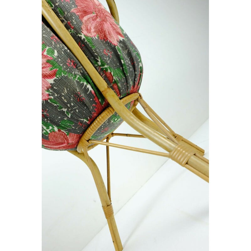 Mid century bamboo rattan and flower fabric SEWING BOX or knitting basket on 3 legs 1950s