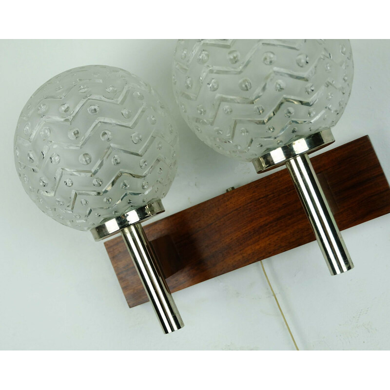 Vintage Wall lamp rosewood chrome glas relief pattern vintage sconce 1970s