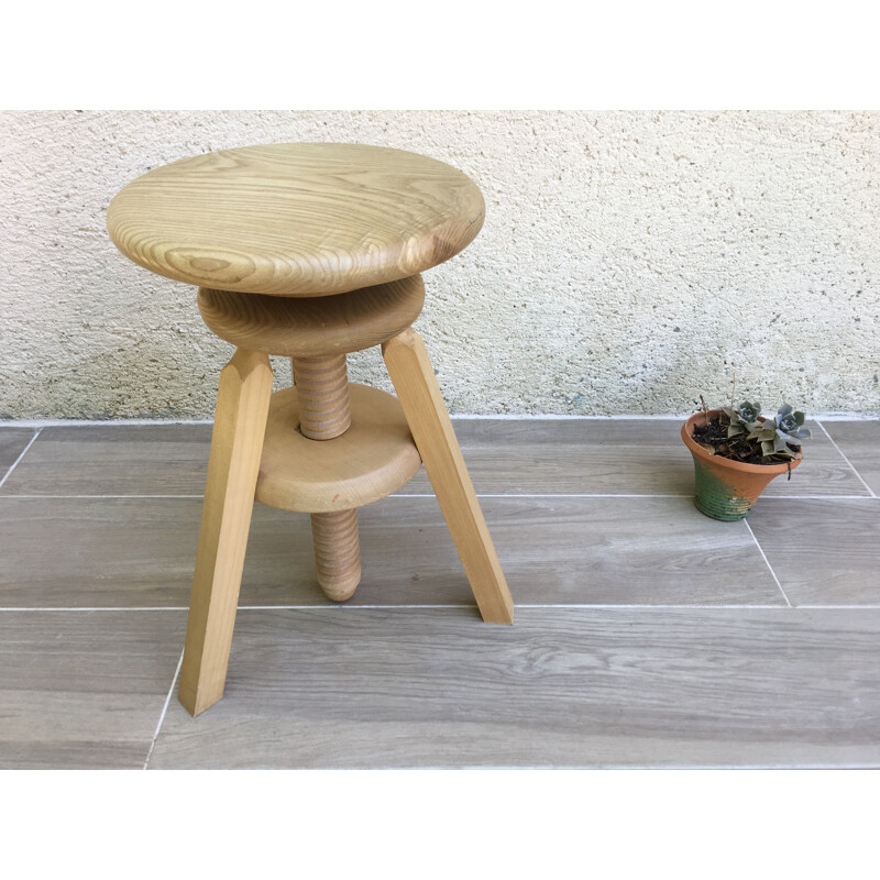 Vintage wooden screw stool 1990