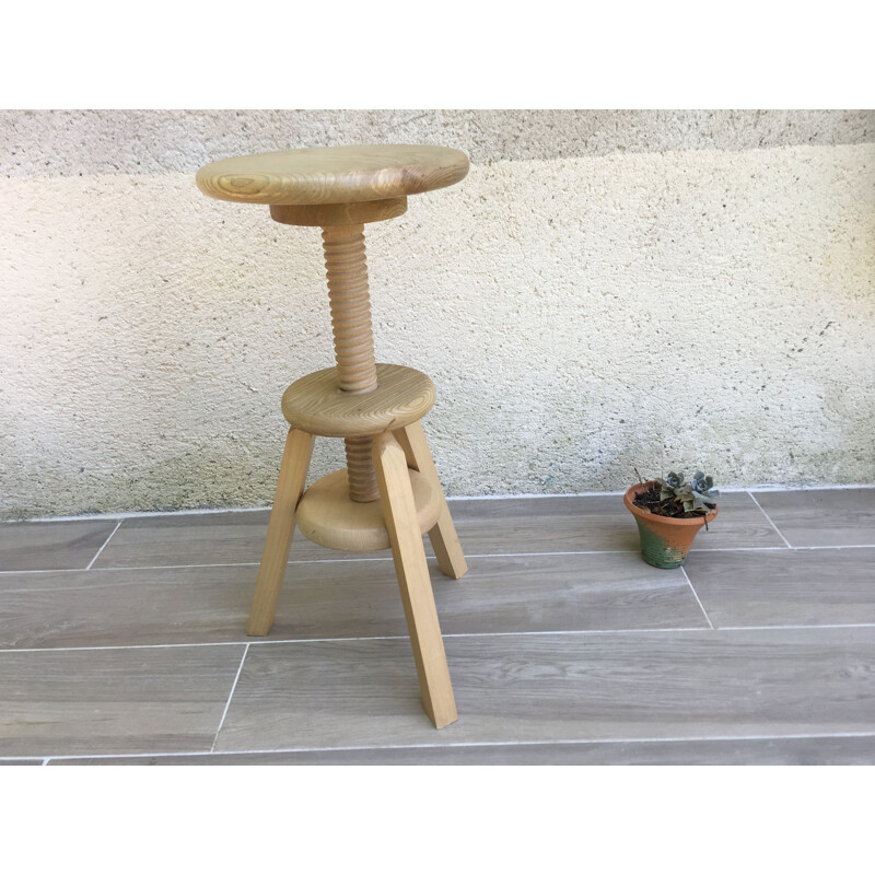 Vintage wooden screw stool 1990