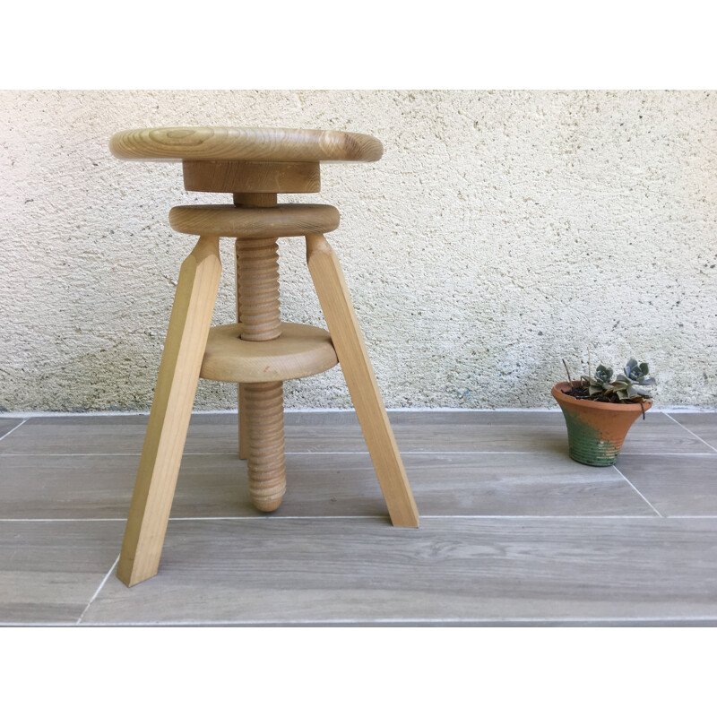 Vintage wooden screw stool 1990