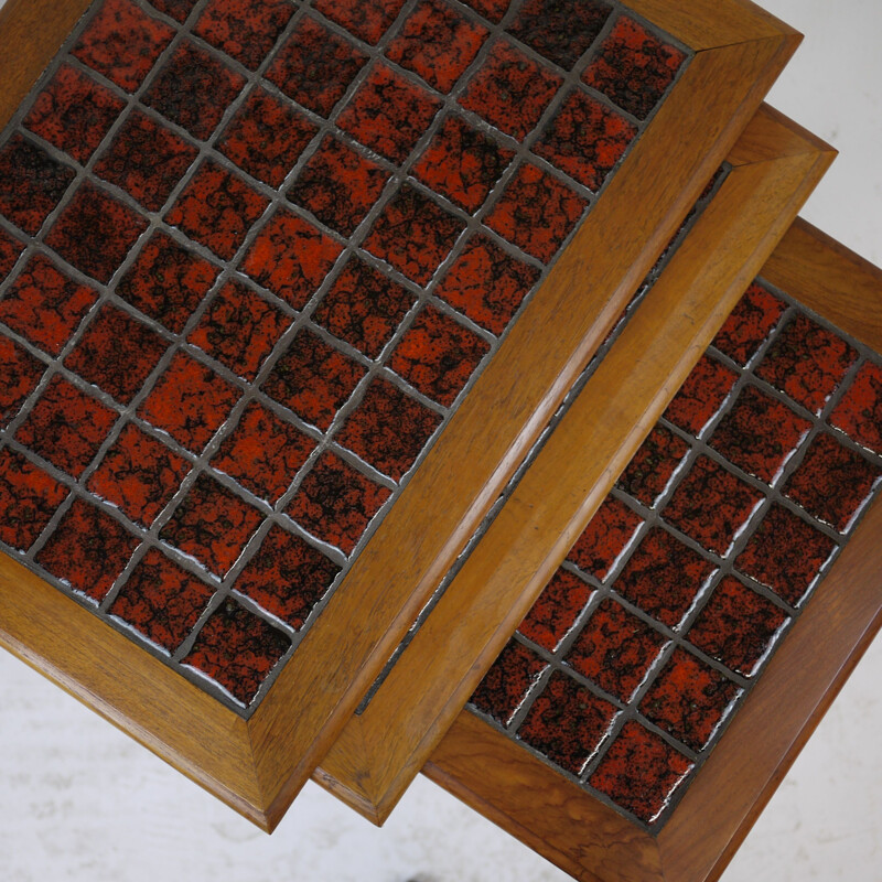 Vintage nesting tables with red check top, Danish 1970