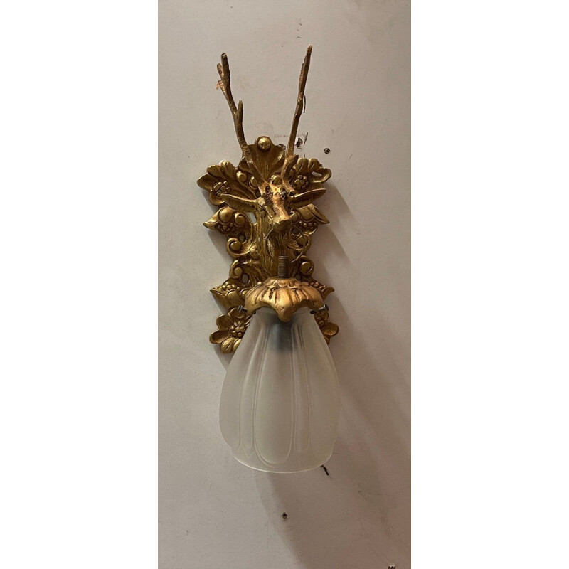 Pair of vintage wall lamps in gilded metal and glass