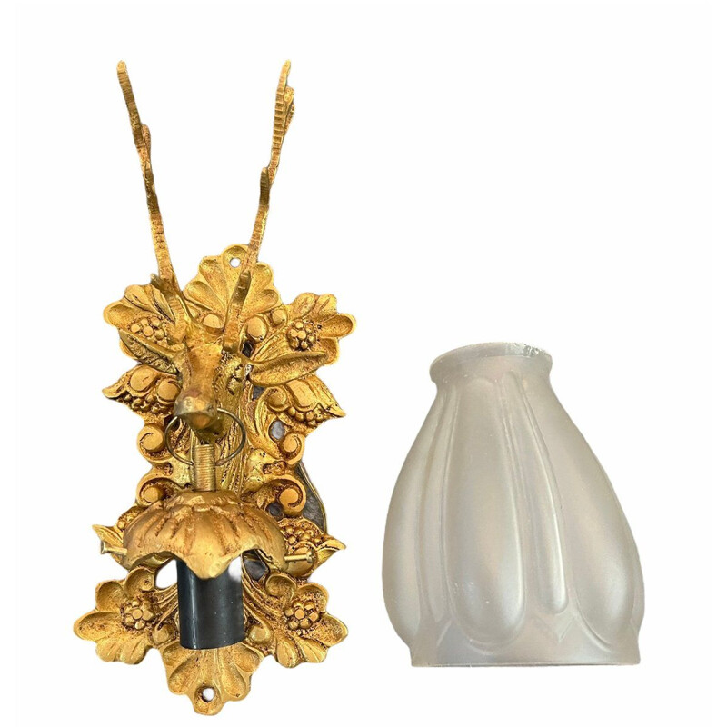 Pair of vintage wall lamps in gilded metal and glass