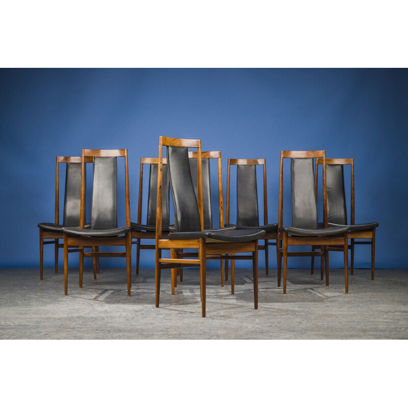 Conjunto de 8 cadeiras de couro e pau-rosa vintage, dinamarquês 1960
