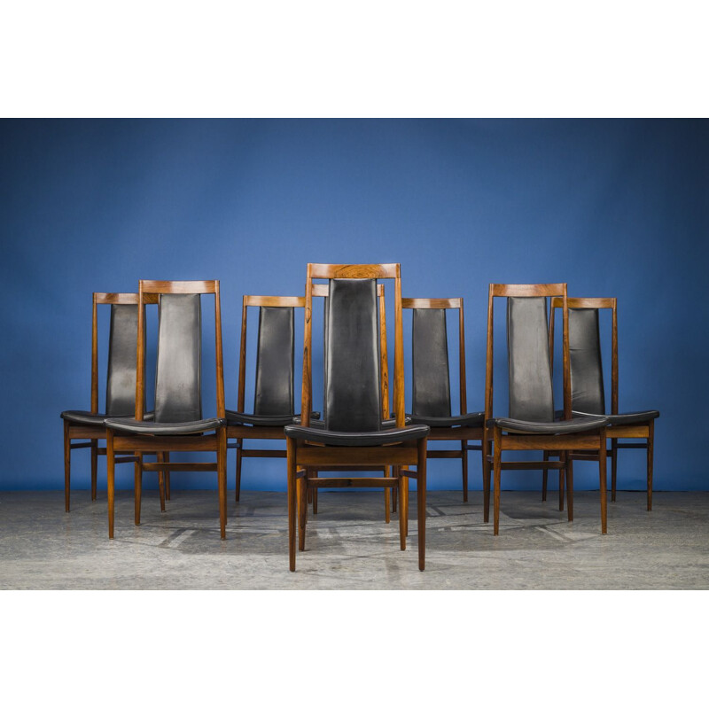 Set of 8 vintage leather and rosewood chairs, Danish 1960