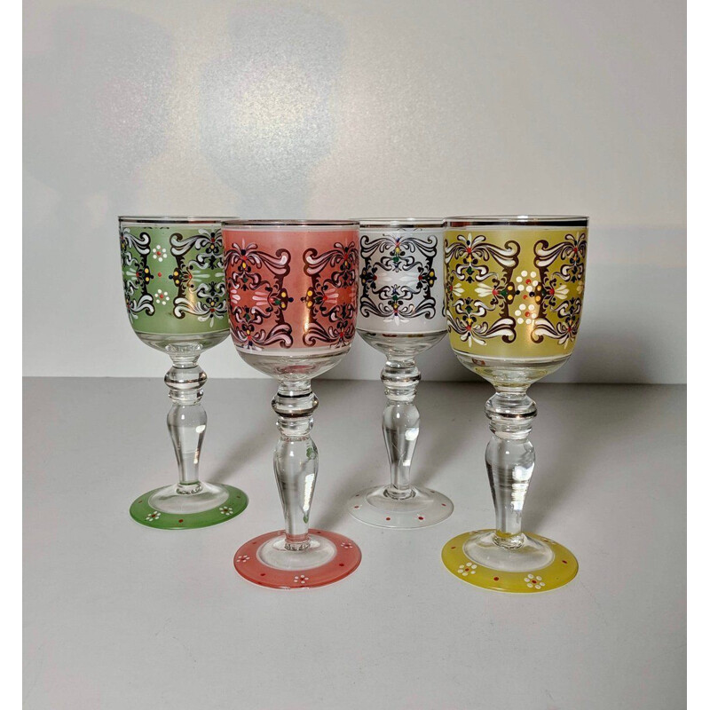 Ensemble de 4 verres vintage peints à la main 1950