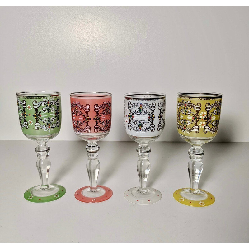 Ensemble de 4 verres vintage peints à la main 1950