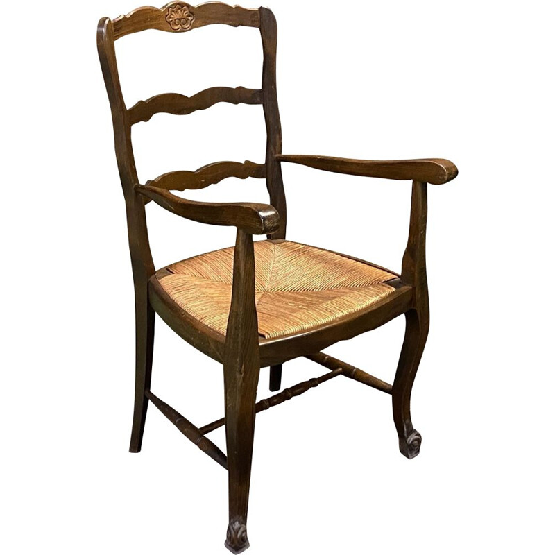 Vintage beukenhouten fauteuil met rieten zitting 1950