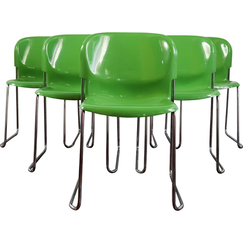 Set of 6 vintage stackable Drabert chairs in green plastic