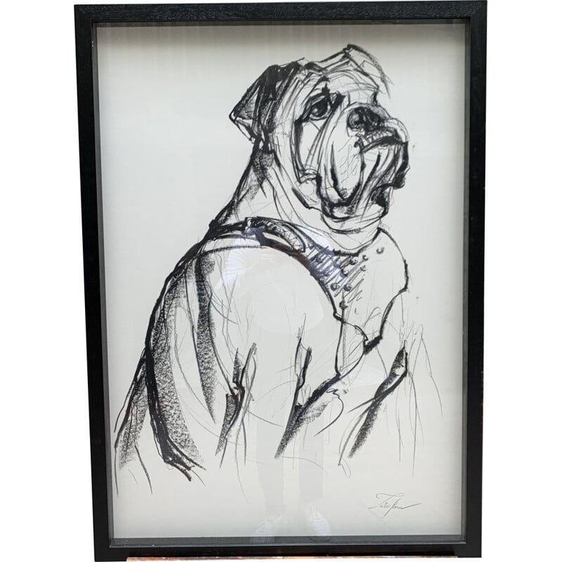 Bulldog in vintage grease pencil by Sonia Lalic, 2018