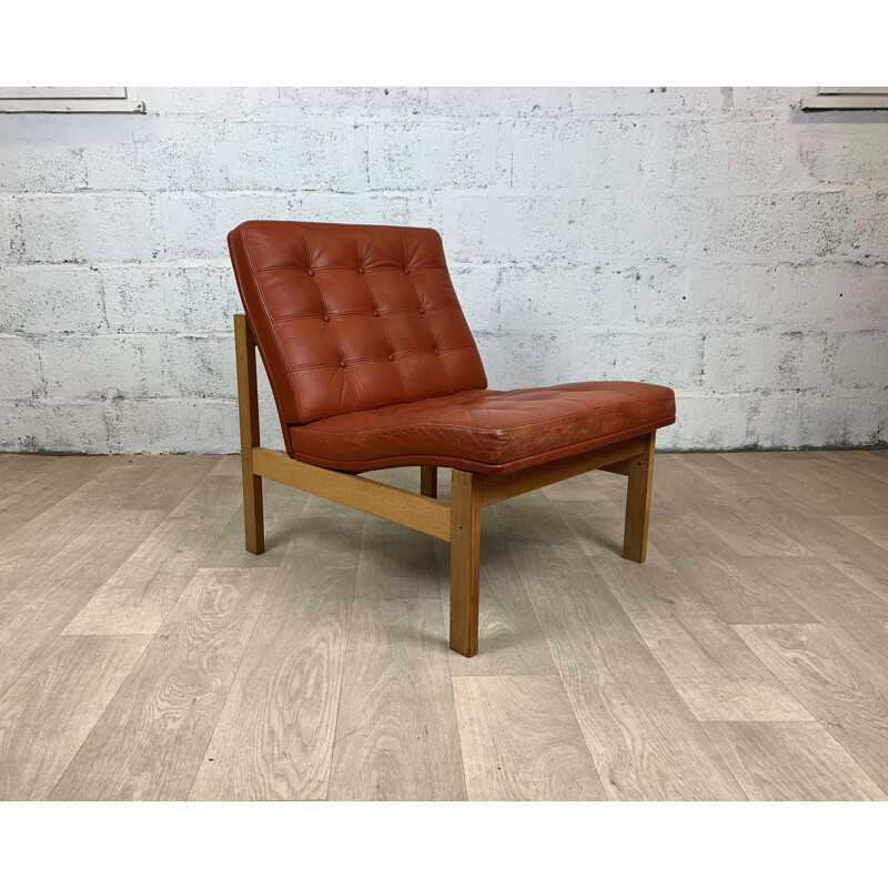 Vintage Moduline oak and leather armchair by Ole Gjerløv-Knudsen & Torben Lind for France & Son, 1960