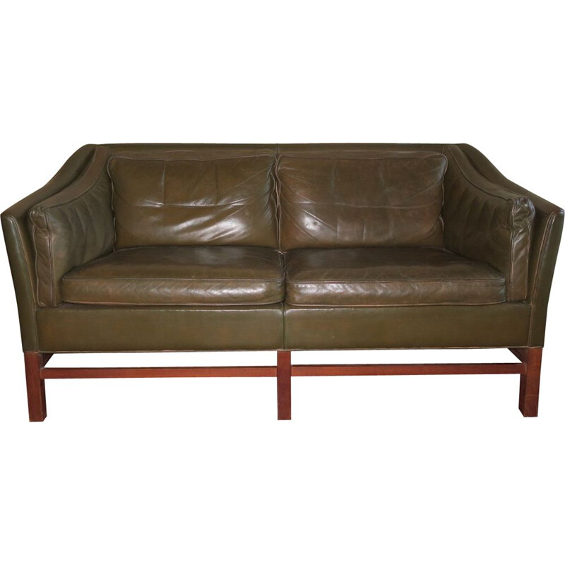 Vintage leather teak frame 2-seater sofa by Grant in dark olive green Danish 1960s