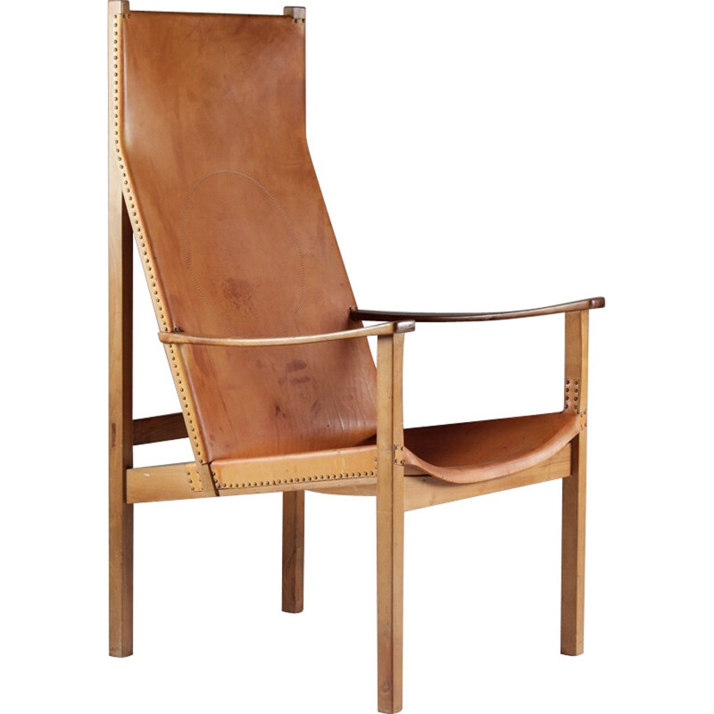 Fauteuil scandinave en hêtre et cuir brun clair, Egon JONASON - 1960