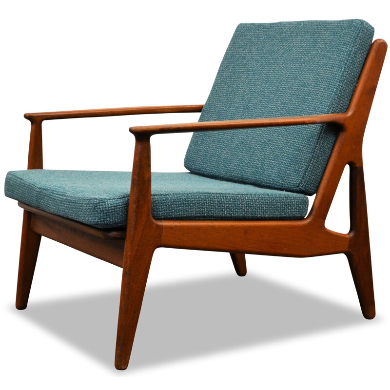 Mid-century Vamo lounge chair in teak and blue fabric, Arne VODDER - 1950s