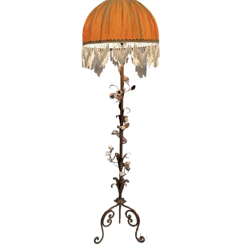 Vintage Copper & Porcelain Flower Floor Lamp Italian
