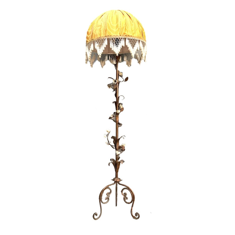 Lámpara de pie Vintage Fleur de cobre y porcelana italiana