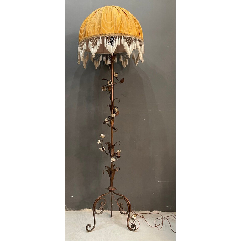 Vintage Copper & Porcelain Flower Floor Lamp Italian