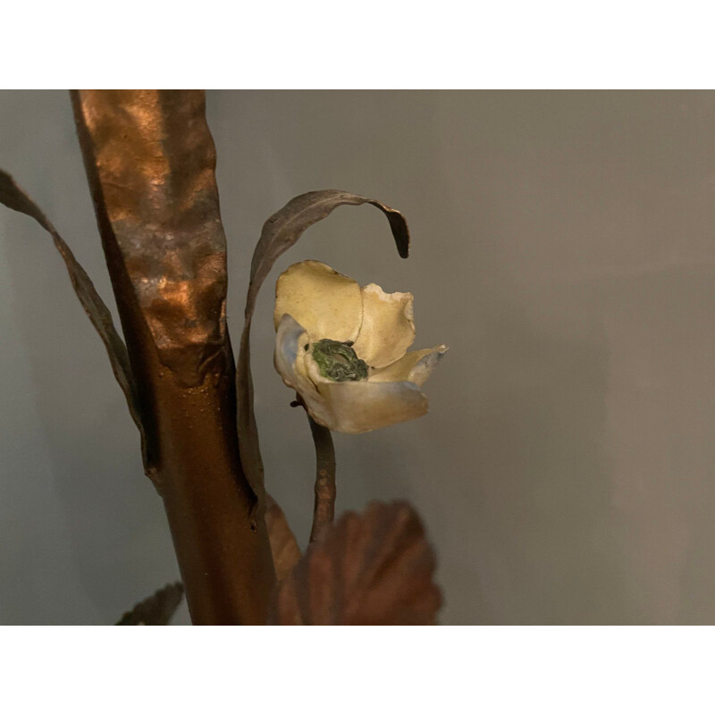 Lampadaire vintage Fleur en cuivre et porcelaine Italien