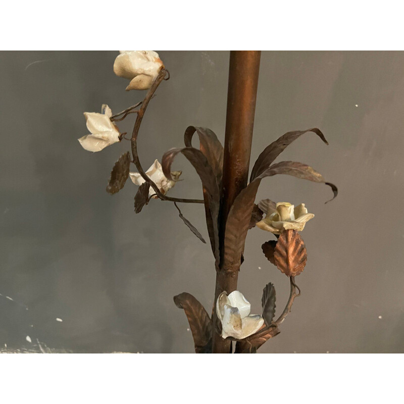 Vintage Copper & Porcelain Flower Floor Lamp Italian