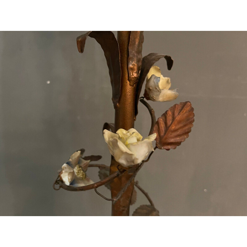 Lampada da terra vintage Fleur in rame e porcellana italiana
