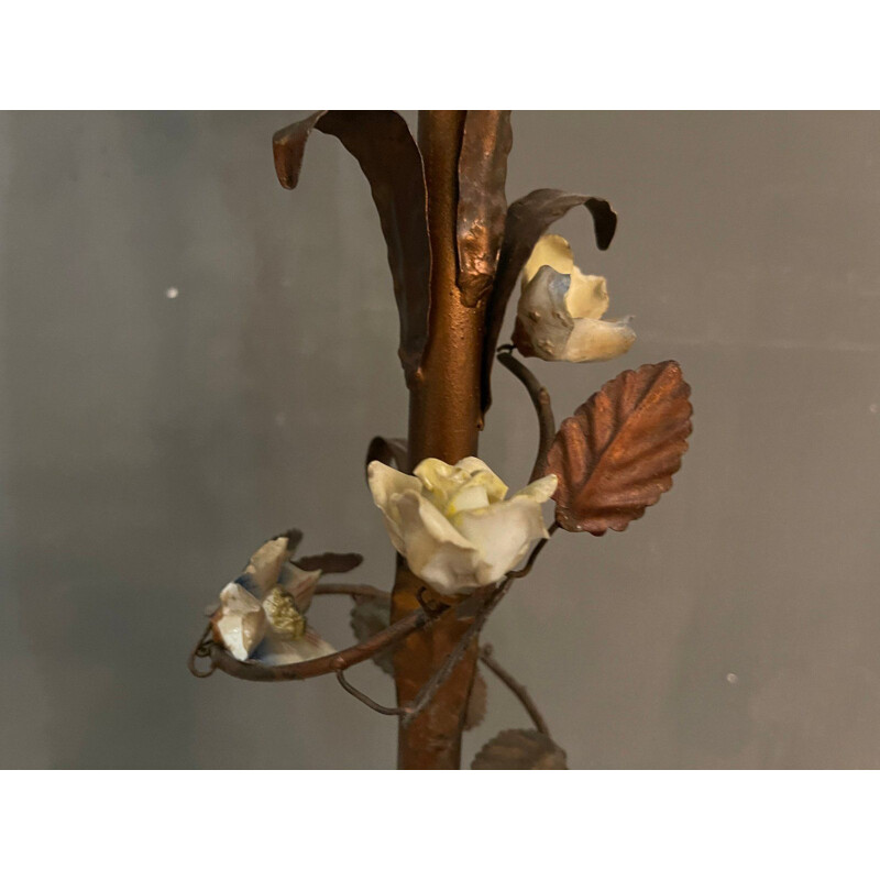 Vintage Copper & Porcelain Flower Floor Lamp Italian