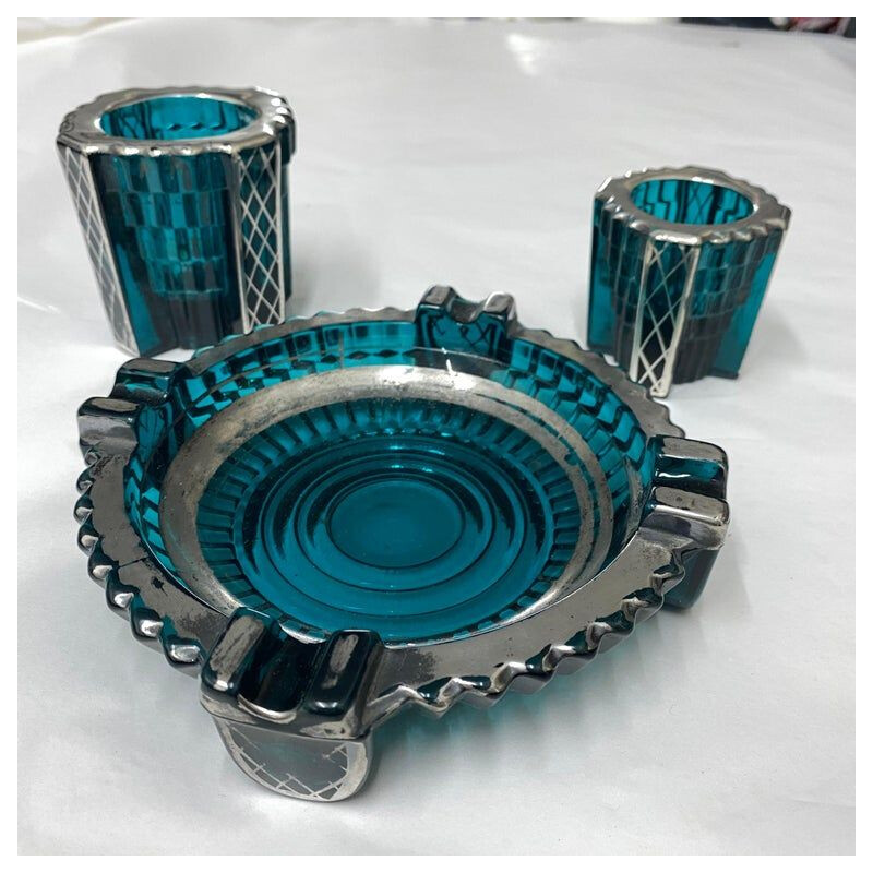 Vintage Smoking Set Silver and Blue Glass Italian 1930s