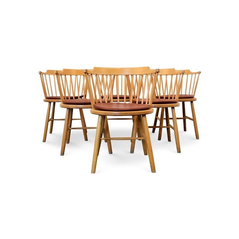 Set of 6 Fredericia dining chairs in beech and brown leather - 1960s
