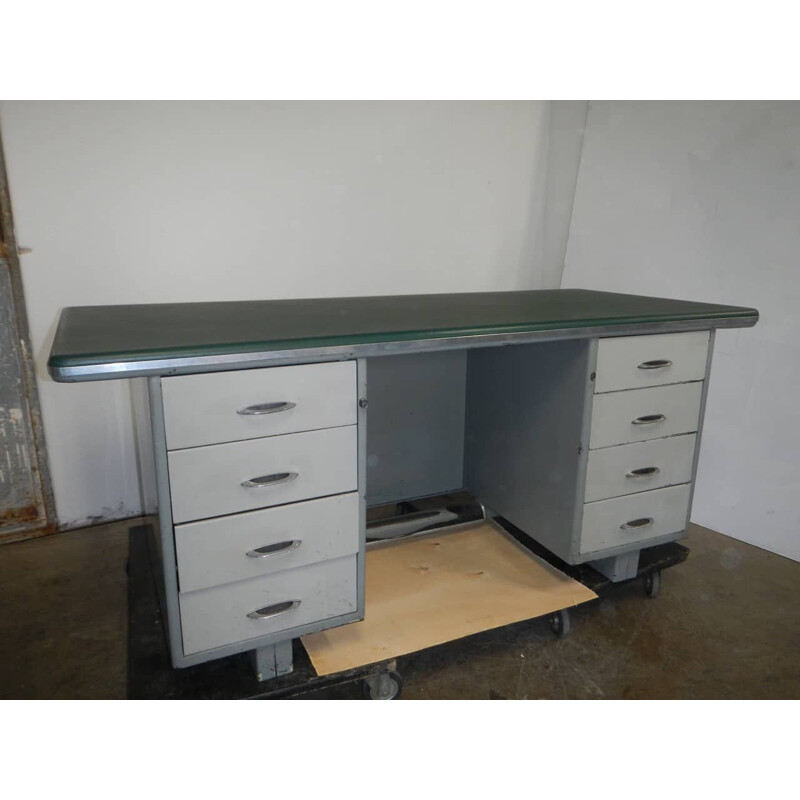 Wit vintage bureau in ijzer en groen kunstleer
