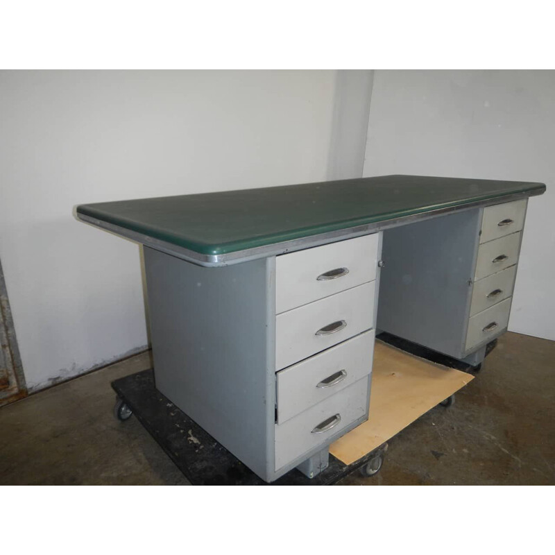 Wit vintage bureau in ijzer en groen kunstleer