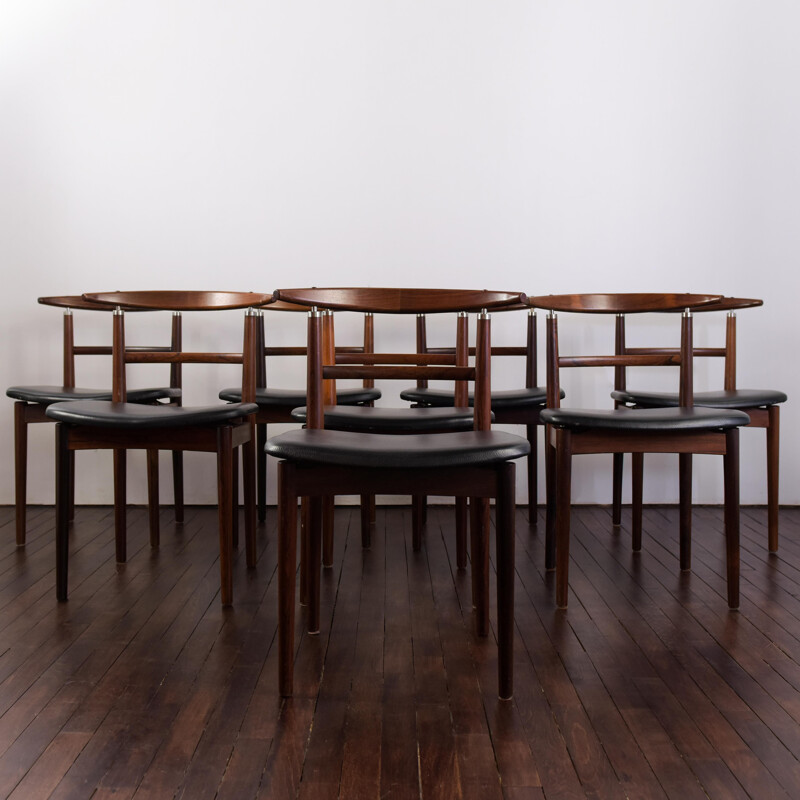 Ensemble de 8 chaises vintage sibast en bois de rose et cuir modèle 465
