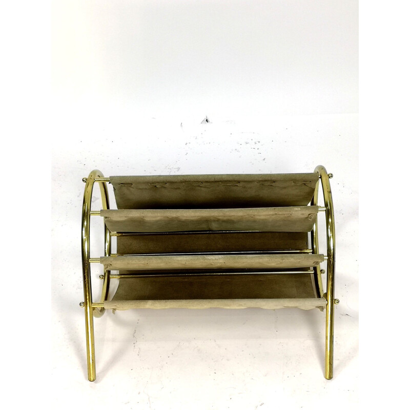 Vintage Mid Century Cow Leather and brass Magazine Holder 1970s