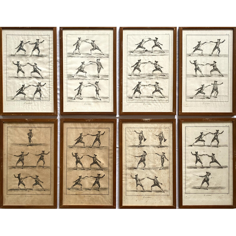 Set di 8 stampe vintage incorniciate in legno