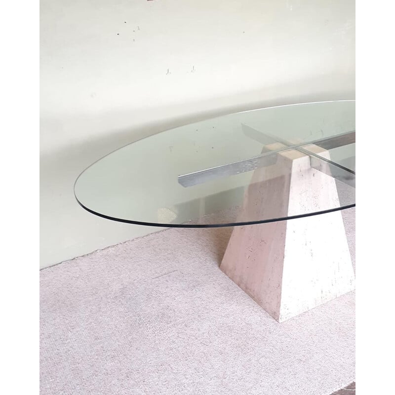 Vintage travertine pyramid table and glass Italy 1970s