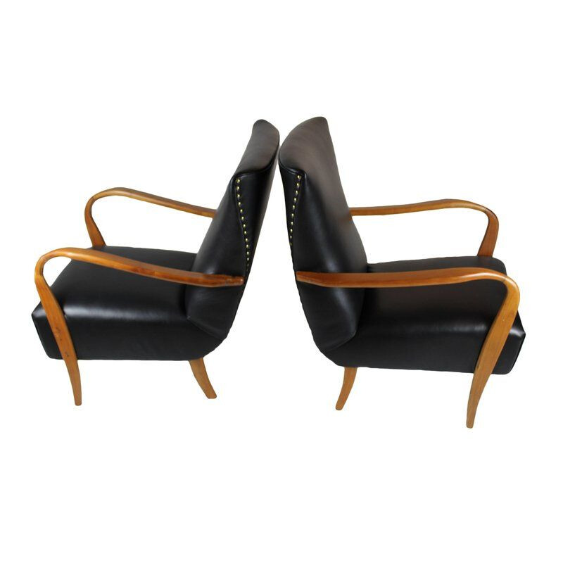 Paire de fauteuils vintage rembourrés en cuir noir Italie 1950