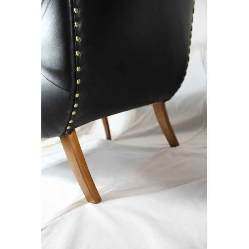 Paire de fauteuils vintage rembourrés en cuir noir Italie 1950