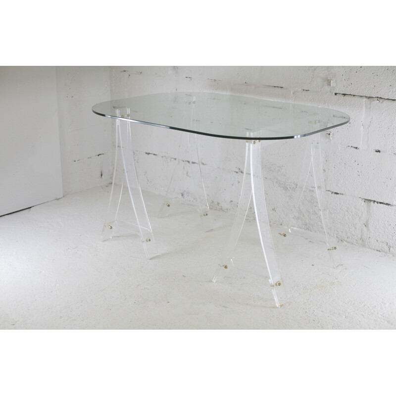 Vintage plexiglas bureau met afgeronde hoeken Frankrijk 1970