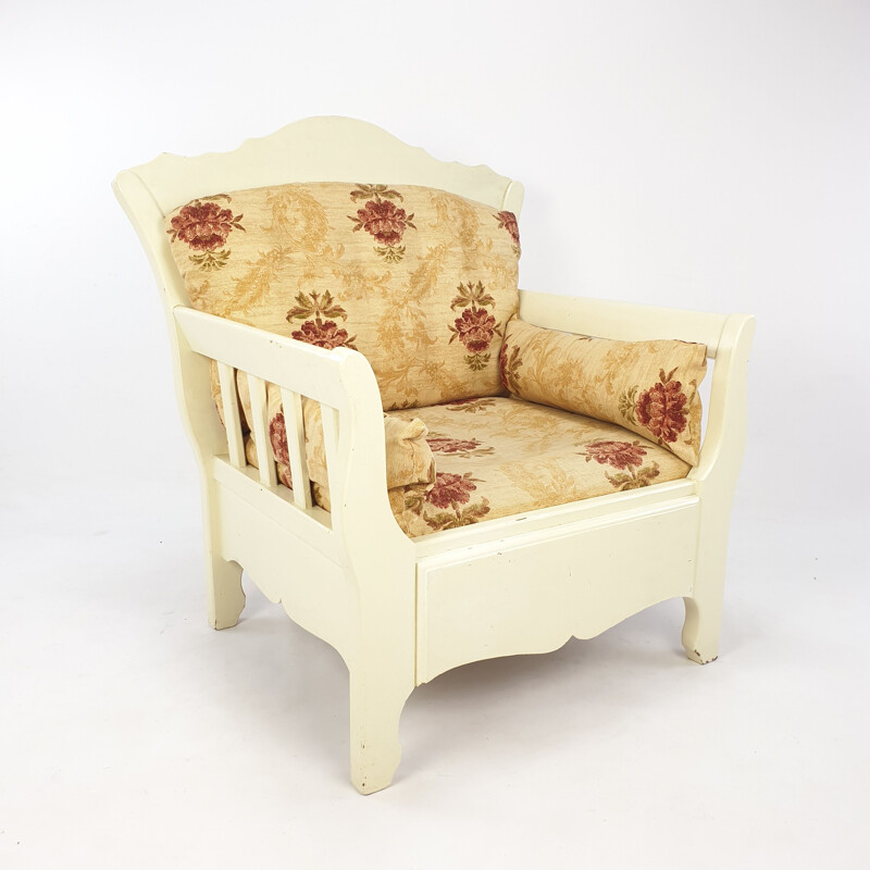 Fauteuil vintage en bois avec fleurs 1980