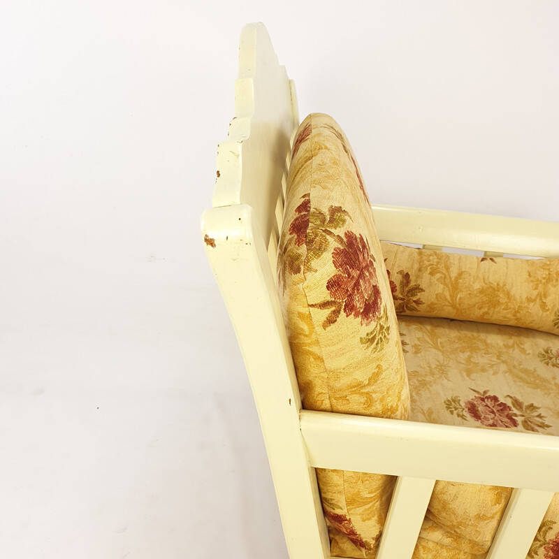 Fauteuil vintage en bois avec fleurs 1980